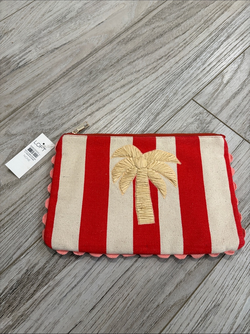 LOFT Red & Cream Striped Palm Embroidered Wristlet Pouch